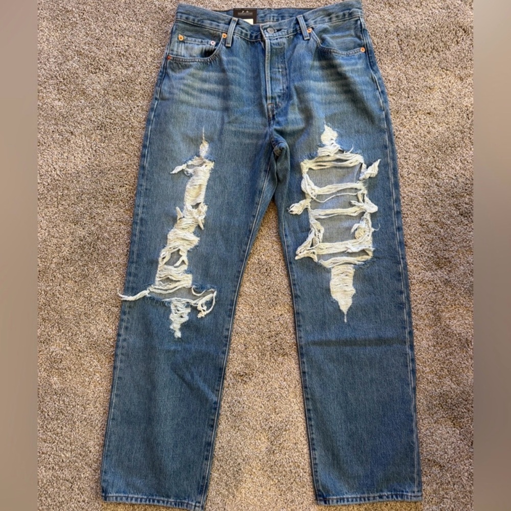 Levi 501 90s Blue Distressed Jeans - Mid Rise